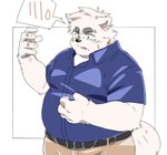 anthro belly big_belly bodily_fluids bottomwear clothing humanoid_hands kemono male overweight overweight_male pants shirt simple_background solo sweat topwear inunoshippo canid canine canis domestic_dog mammal 2024 hi_res