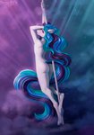 absurd_res anthro biped blush butt dancing equid equine femboy hair hand_on_head hasbro hi_res hooves long_hair looking_at_viewer looking_back male mammal multicolored_hair multicolored_tail my_little_pony phenyanyanya pole pole_dancing pose rear_view red_eyes smile smiling_at_viewer solo stripper_pole tail three-quarter_view white_body