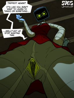 anthro breasts clothed clothing dialogue dress female for_a_head genitals humanoid_genitalia humanoid_vulva jewelry looking_at_viewer low-angle_view machine necklace not_furry screen screen_face solo speech_bubble text vaginal vulva drasha69 nickelodeon spongebob_squarepants karen_plankton humanoid object_head robot robot_anthro robot_humanoid screen_head 2024 3:4 absurd_res english_text hi_res
