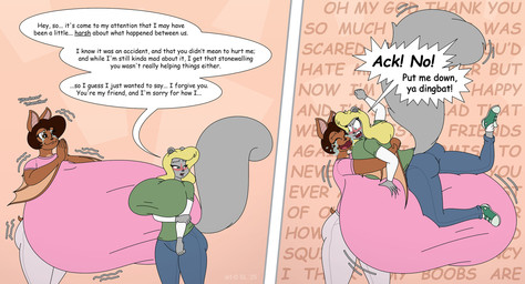 anthro big_breasts blonde_hair blush bodily_fluids bottomwear breasts brown_body brown_eyes brown_fur clothing crying denim denim_bottomwear denim_clothing duo female footwear fur green_eyes grey_body grey_fur hair huge_breasts hyper hyper_breasts jeans membrane_(anatomy) membranous_wings pants shirt shoes sneakers socks speech_bubble tears text topwear wings satsumalord millie_(satsumalord) shane_(satsumalord) bat mammal rodent sciurid tree_squirrel 2025 comic_sans digital_media_(artwork) english_text hi_res
