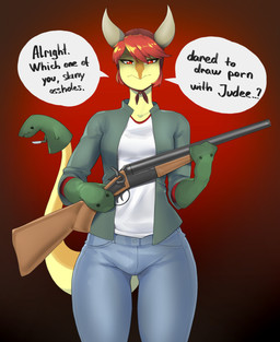 anthro armor biped bottomwear breasts clothed clothed_anthro clothed_female clothing denim denim_bottomwear denim_clothing dialogue fake_horns fantasy_slur female front_view frown green_clothing green_jacket green_topwear gun hair headgear helmet holding_gun holding_object holding_ranged_weapon holding_rifle holding_weapon horn horned_helmet humor jacket jeans knife medium_breasts non-mammal_breasts open_clothing open_jacket open_topwear orange_body pants puppet puppeteer ranged_weapon red_background red_eyes red_hair rifle shirt short_hair simple_background solo speciesism speech_bubble standing tail talking_to_viewer text threatening topwear weapon white_clothing white_shirt white_topwear yellow_body tdraw cavemanon_studios puppet_pals snoot_game schizo_chan_(snoot_game) compsognathid compsognathus dinosaur prehistoric_species reptile saurischian scalie theropod absurd_res colored english_text hi_res portrait shaded three-quarter_portrait
