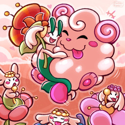 blep female flower group male male/female open_mouth petals plant tail tongue tongue_out conditional_dnp pocketpaws nintendo pokemon pokemon_mystery_dungeon spike_chunsoft wanderlust chaut fan_character blue_flower_flabebe flabebe floette generation_6_pokemon pokemon_(species) red_flower_flabebe red_flower_floette swirlix 1:1 digital_media_(artwork) hi_res