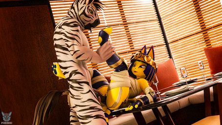 anthro bandage bandaged_arm bandaged_leg blue_hair bodily_fluids breasts butt clothing dining_room dining_table drooling_tongue duo erection feet female female_penetrated foot_fetish foot_lick foot_play fur furniture genitals gloves hair handwear kitchen_utensils licking lying male male/female male_penetrating male_penetrating_female markings nude on_table open_mouth penetration penile penis saliva sex sleeves smile table table_sex tail tail_markings teeth text tongue tongue_out tools vaginal vulva white_body yellow_body foxibiki slad_(modeler) warfaremachine_(modeler) animal_crossing nintendo ankha_(animal_crossing) zahr_(sladdoska) domestic_cat equid equine felid feline felis horse mammal zebra 16:9 3d_(artwork) blender_(artwork) digital_media_(artwork) hi_res widescreen