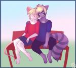 anthro bench blonde_hair blush bottomwear clothed clothing duo front_view fully_clothed fur hair male male/male on_bench pants romantic romantic_couple shirt simple_background sitting sleeping smile topwear white_body white_fur box-cat lynn_white mammal mouse murid murine procyonid raccoon rodent 2017 digital_media_(artwork) hi_res shaded