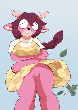 anthro antlers big_breasts big_glasses blush bottomless bottomwear braided_hair breasts clothed clothing clothing_lift collared_shirt crossed_arms curvy_figure dress dress_lift dress_shirt embarrassed eyewear female flashing flashing_pussy footwear freckles fur genitals glasses hair heart_freckles heart_nose heart_symbol horn leaf looking_at_viewer low-angle_view multicolored_body nerd no_underwear open_mouth pattern_clothing pattern_dress pink_body pink_fur pink_hair round_glasses shirt shoes simple_background skirt skirt_lift solo standing thick_thighs topwear upskirt vulva wardrobe_malfunction white_clothing white_dress_shirt white_eyewear white_glasses white_shirt white_topwear wide_hips wind yellow_clothing yellow_dress yellow_footwear yellow_shoes toonarscontent cherry_(nyta) deer mammal digital_media_(artwork) hi_res signature
