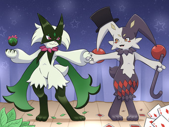 ambiguous_gender anthro black_body black_fur card clothing dancing duo fur green_body green_fur hand_holding hat headgear headwear jester leaf magician mask pink_eyes staff stage white_body white_fur yellow_eyes vavacung nintendo palworld pocketpair pokemon dupin_(pal) felid feline generation_9_pokemon lagomorph leporid mammal meowscarada pokemon_(species) rabbit hi_res