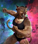 abs abstract_background anthro athletic_wear bra clothing ear_piercing female flexing gauged_ear imminent_punch muscular muscular_anthro muscular_arms muscular_female muscular_thighs open_mouth panties photobashing photorealism piercing realistic_anthro sharp_teeth solo sports_bra teeth underwear yellow_eyes venjiiart cougar felid feline mammal 3d_(artwork) digital_media_(artwork) digital_painting_(artwork) hi_res