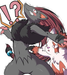 ambiguous_gender anthro arm_grab arm_tuft blush chest_tuft claws duo elbow_tuft exclamation_point female fluffy fluffy_chest fluffy_hips fluffy_mane interrobang pain poking question_mark shaking shivering shocked tuft river_(artist) nintendo pokemon canid canine generation_3_pokemon generation_5_pokemon mammal pokemon_(species) zangoose zoroark hi_res