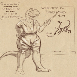 anthro big_breasts breasts clothed clothing female front_view mouth_closed non-mammal_breasts simple_background solo standing tail teeth text unsigned upai dinosaur prehistoric_species reptile scalie theropod 1:1 english_text full-length_portrait hi_res monochrome portrait