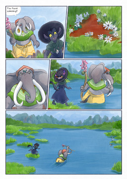 5_fingers anthro black_body black_fur blood bodily_fluids clothed clothing dark_body day dialogue dialogue_box duo fingers fur grass grey_body hat headgear headwear male open_mouth partially_submerged plant proboscis_(anatomy) speech_bubble swimming tail text trunk_(anatomy) water bjekkergauken mythology imbali_(bjekkergauken) isilo_(bjekkergauken) elephant elephantid mammal proboscidean unknown_species 2026 colored comic english_text hi_res