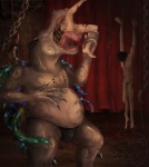 anthro blood bodily_fluids bottomwear bound chain clothing death detailed_background eating flaccid genitals group head_first human_prey inside loincloth male male/male male_pred male_prey overweight penis tentacles torture vore themirth common_hippopotamus hippopotamid human mammal