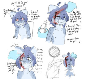 ahoge anthro apology arms_tied begging begging_for_mercy begging_to_stop black_nose blood blood_on_face blue_body blue_fur bodily_fluids bound brain_damage cheek_tuft crying dialogue disembodied_hand eyebrows eyewear facial_tuft featureless_face fingers forced fur glasses gore hair identity_death kemono leopard_spots lobotomy male medical_instrument nipples obscured_face open_mouth pink_eyes pulling_hair resisting round_glasses scared scientific_instrument scolding simple_background sitting solo speech_bubble spots surgical_instrument surgical_operation tears text touching_hair tuft wound_on_face wounded snepause shen_(snepause) felid mammal pantherine snow_leopard english_text half-length_portrait portrait sequence shaded simple_shading trans_(lore) trans_woman_(lore)