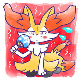ambiguous_anthro ambiguous_gender anthro biped blush blush_stickers bodily_fluids border cjk_character digitigrade dipstick_tail emanata flying_sweatdrops food hand_fan holding_fan kneeling looking_at_viewer markings object_in_tail seiza shrimp_(food) simple_background sitting solo sweat sweatdrop tail tail_markings white_border annyui0611 nintendo pokemon braixen canid generation_6_pokemon mammal pokemon_(species) 1:1 2024 full-length_portrait hi_res japanese_description portrait translated_description