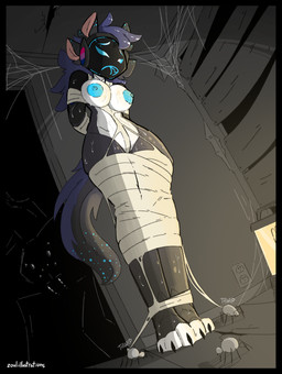 abandoned_building anthro areola bdsm bisexual_pride_colors blue_areola blue_eyes blue_nipples bodily_fluids bondage bound breasts convenient_censorship dark_room female fur hands_behind_back haunted_house lgbt_pride machine medium_breasts moan mostly_nude multicolored_body multicolored_fur nipples plantigrade pride_colors solo spider_web sweat zoul_illustration aurora_nv arachnid arthropod protogen spider absurd_res hi_res
