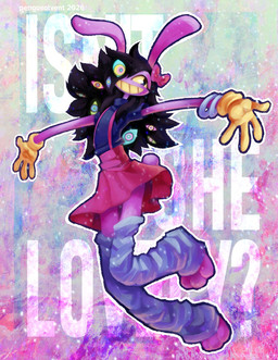 accessory anthro big_ears big_eyes black_hair blue_clothing blue_topwear bow_ribbon bracelet clothing female fur gloves hair hair_accessory hair_bow hair_over_eye hair_ribbon handwear humanoid_hands jewelry leg_warmers legwear long_hair multi_eye overalls pink_clothing pink_overalls purple_body purple_fur ribbons skirtalls small_tail smile solo tail text topwear yellow_clothing yellow_gloves yellow_handwear pengosolvent glitch_productions stevie_wonder the_amazing_digital_circus gooseworx's_post-transition_jax_design jax_(tadc) abstraction_(tadc) lagomorph leporid mammal rabbit 2026 digital_drawing_(artwork) digital_media_(artwork) english_description english_text hi_res trans_(lore) trans_woman_(lore)