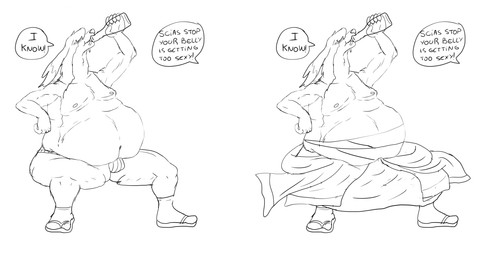anthro belly big_belly bulge clothing drinking male moobs nipples obese obese_male overweight overweight_male simple_background solo text underwear white_background geuremon breath_of_fire capcom scias canid canine canis domestic_dog mammal 2023 english_text hi_res monochrome