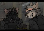 anthro biped black_bars brown_body brown_fur bulletproof_vest duo eyewear eyewear_on_head fur gas_mask goggles goggles_on_head grey_body grey_fur looking_at_viewer male mask smile text maggotnizer canid canine canis mammal wolf 2024 english_text letterbox subtitled