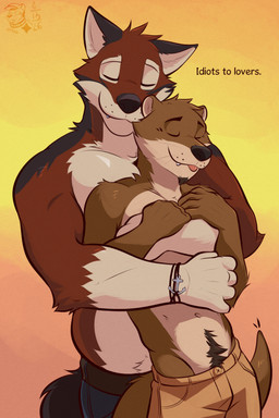 5_fingers anchor_symbol anthro anthro_on_anthro black_nose black_pawpads blep body_hair brown_body brown_fur claws clothed clothed_anthro clothed_male clothing cute_fangs dialogue duo eye_markings eyes_closed facial_hair fangs finger_claws fingers fur gloves_(marking) goatee happy_trail hug hugging_another hugging_from_behind humanoid_hands interspecies interspecies_romance jewelry logo male male/male markings multicolored_body multicolored_fur navel otter_tail pawpads red_body red_fur romantic romantic_couple smile tail teeth text tongue tongue_out topless topless_anthro topless_male two_tone_body two_tone_fur whisker_spots whiskers white_body white_fur ventkazemaru echo_(game) echo_(series) echo_project chase_hunter leo_alvarez canid canine canis mammal mustelid otter red_wolf wolf 2026 artist_logo dated english_text hi_res