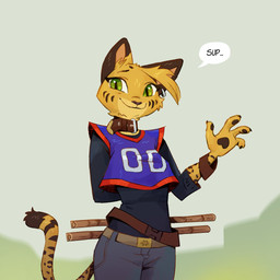 anthro arnis bottomwear bracelet clothing collar ear_piercing ear_ring facial_markings female fur gesture green_eyes hand_behind_back head_markings head_tuft jersey jewelry long_sleeves long_tail looking_at_viewer markings pants pawpads piercing pointy_ears ring_piercing shirt simple_background smile solo speech_bubble spots spotted_body spotted_fur striped_markings stripes tail text topwear tuft waving waving_at_viewer yellow_body yellow_fur ruffu pepper_in_the_sandbox pepper_(ruffu) felid feline mammal serval 1:1 digital_drawing_(artwork) digital_media_(artwork) portrait three-quarter_portrait