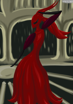 antennae_(anatomy) anthro biped black_arms black_eyes clothing dancing dress featureless_hands female horn red_body red_clothing red_dress simple_background small_torso small_waist solo standing wasp_waist fluxfoxart hollow_knight:_silksong hollow_knight_(franchise) team_cherry skarrsinger_karmelita ant arthropod hymenopteran insect skarr 2025 absurd_res digital_media_(artwork) digital_painting_(artwork) hi_res painting_(artwork) shaded signature