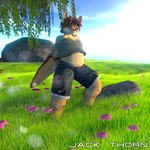 3d_background anthro blue_sky blush bottomwear chest_tuft clothed clothing clothing_lift denim denim_bottomwear denim_clothing denim_shorts eyewear fingerless_gloves flower glasses gloves grass hair hands_behind_back handwear male overweight plant rock shirt shirt_lift shorts sky smile solo tail text topwear tree tuft young young_anthro young_male jackthorn jackal_pawpad canid canine canis jackal mammal 1:1 2014 3d_(artwork) digital_media_(artwork) signature