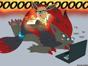 ambiguous_gender anthro blep brown_body brown_fur claws computer cuddling duo electronics eyewear feral finger_claws fur glasses grey_body grey_fur humor laptop lying male on_front paper toe_claws tongue tongue_out typewriter yelling backlash91 conditional_dnp nintendo pokemon canid canine eevee generation_1_pokemon generation_5_pokemon mammal pokemon_(species) zoroark 2025 4:3 hi_res