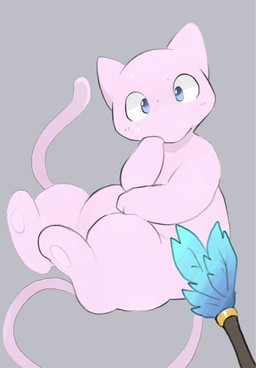 ambiguous_gender anthro biped bodily_fluids cleaning_tool constricted_pupils feather_duster floating front_view grey_background hand_on_chin long_tail looking_at_viewer pawpads paws pink_body pupils semi-anthro simple_background slightly_chubby slightly_chubby_ambiguous slightly_chubby_anthro small_pupils solo sweat sweatdrop tail worried tinntira nintendo pokemon felid feline generation_1_pokemon legendary_pokemon mammal mew_(pokemon) pokemon_(species) hi_res japanese_description shaded