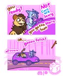 animal_behavior car dialogue driving female fetch humor learn learning male partners silly stick vehicle luckfoxo33 tatum_koenig tolng canid canine felid fox lion mammal pantherine drive comic hi_res meme