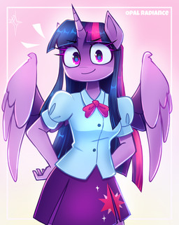 anthro bottomwear bow_tie clothing collared_shirt dress_shirt eyelashes female horn shirt simple_background skirt smile smiling_at_viewer solo topwear wings opal_radiance friendship_is_magic hasbro my_little_pony mythology twilight_sparkle_(mlp) equid equine mammal mythological_creature mythological_equine winged_unicorn absurd_res hi_res