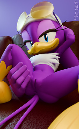 anthro bottomless clothed clothing durag eyewear female furniture genitals glasses hand_on_leg hand_on_thigh looking_at_viewer on_sofa partially_clothed presenting presenting_vulva short_height sofa solo topwear tube_top vulva dargotdruid sega sonic_riders sonic_the_hedgehog_(series) wave_the_swallow avian bird hirundinid oscine passerine swallow_(bird) 3d_(artwork) blender_(artwork) digital_media_(artwork) hi_res