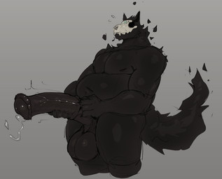 animal_genitalia animal_penis anthro balls belly big_balls big_belly big_penis black_body black_fur black_tail bodily_fluids bone bone_mask brown_balls brown_penis empty_eyes equine_genitalia equine_penis erection fangs fur genital_fluids genitals huge_penis male male_anthro mask masturbation medial_ring moobs mouth_closed nude overweight overweight_anthro overweight_male penile penile_masturbation penis precum precum_squirt skull skull_mask solo standing tail teeth jezzlen canid canine mammal