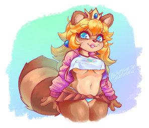 accessory anthro blonde_hair blue_eyes bottomwear breasts clothing crop_top crown dwarfism ear_piercing ear_ring exposed female hair hair_accessory headgear jacket lipstick long_sleeves makeup midriff miniskirt nipple_outline panties piercing ring_piercing shirt shortstack shortstack_female simple_background skirt smile solo topwear under_boob underwear blasticussaturn mario_bros nintendo princess_peach canid canine mammal raccoon_dog tanuki 2024 hi_res signature