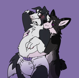 anthro bite blush bodily_fluids close-up diaper duo embarrassed fur genital_fluids grey_body grey_fur hand_in_diaper hand_on_chest handjob hug male male/male outline overweight penile rubbing sex simple_background slightly_chubby standing tail white_outline sugarbiscuits chess_(mintyderg) pyre_corgi border_collie canid canine canis collie domestic_dog herding_dog mammal pastoral_dog sheepdog welsh_corgi absurd_res digital_media_(artwork) hi_res