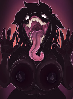 against_surface anthro big_breasts big_mouth_(anatomy) breasts female glowing glowing_eyes horror_(theme) long_tongue nipples on_glass sharp_teeth solo teeth teeth_showing tongue white_eyes clancy monster reptile scalie