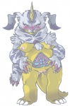 3_claws animal_skin anthro belly biped blush breasts claws feet female front_view genitals horn looking_at_viewer nipples non-mammal_breasts non-mammal_nipples nude overweight overweight_anthro overweight_female pussy solo tongue tongue_out white_claws beelzemon_(artist) bandai_namco digimon digimon_(species) gabumon scalie