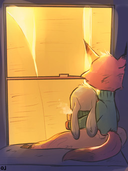anthro arm_around_shoulders bed bedding beverage blanket clothed clothing container cuddling cup duo female fur furniture grey_body grey_fur holidays looking_outside looking_through looking_through_window male orange_body orange_fur sitting size_difference sunset sweater topwear window window_seat winter ahappypichu-mod christmas disney zootopia judy_hopps nick_wilde canid canine fox lagomorph leporid mammal rabbit red_fox true_fox 2016 3:4 colored hi_res