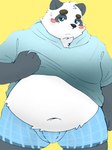 anthro belly big_belly black_body black_nose blush clothed clothing clothing_lift kemono male navel overweight overweight_male shirt shirt_lift simple_background solo topwear underwear white_body menmen_kesinn bear giant_panda mammal 2024 3:4