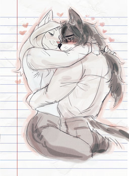 5_fingers anthro arm_around_waist bangs bent_arm black_eyebrows black_hair black_nose blue_eyes blush bottomwear butt carrying_another closed_smile clothed clothed_anthro clothed_male clothing duo eyebrows eyes_mostly_closed fingers fluffy fluffy_tail fully_clothed fully_clothed_anthro fully_clothed_male fur grey_body grey_bottomwear grey_clothing grey_eyebrows grey_eyes grey_fur grey_pants grey_tail hair hair_bun half-closed_eyes hand_on_shoulder heart_symbol hearts_around_head holding_partner inner_ear_fluff light long_hair long_tail male male/male male_anthro mature_anthro mature_male mouth_closed multicolored_body multicolored_fur narrowed_eyes on_shoulder pants paper_background pink_nose pockets ponytail romantic romantic_ambiance simple_background smile smiling_at_another smiling_at_each_other solo tail text tuft two_tone_body two_tone_fur whisker_spots whiskers white_background white_body white_dress_shirt white_fur white_hair white_inner_ear_fluff white_tail angellumen alex_(angellumen) ayon_(kyooq) canid canine felid feline mammal 2025 colored colored_sketch digital_drawing_(artwork) digital_media_(artwork) english_description hi_res lighting shaded sketch
