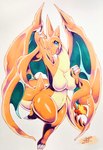 anthro blue_eyes blush blush_lines breasts claws eyelashes featureless_breasts female horn looking_at_viewer membrane_(anatomy) membranous_wings open_mouth orange_body orange_skin simple_background solo tail tongue wings 025aki mythology nintendo pokemon dragon generation_6_pokemon mega_charizard mega_charizard_y mega_evolution mythological_creature mythological_scalie pokemon_(species) reptile scalie 2024 absurd_res dated hi_res signature