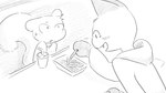 16:9 animal_crossing anthro blush bodily_fluids clothed clothing container cup dialogue_in_description domestic_cat dragonweirdo drinking_straw duo felid feline felis female food fries greyscale hi_res holding_food holding_object hoodie male mammal marshal_(animal_crossing) monochrome nintendo olivia_(animal_crossing) open_mouth open_smile rodent sciurid smile sweat sweatdrop topwear tree_squirrel widescreen