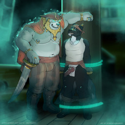 animal_genitalia animal_penis anthro anthro_on_anthro balls beard bodily_fluids boots bottomwear bottomwear_down canine_genitalia canine_penis chain clothed clothing dominant dominant_male drooling duo erection eye_contact facial_hair footwear genital_fluids genitals glowing glowing_eyes hypnosis kerchief knot larger_male leaking_precum looking_at_another male male/male melee_weapon mind_control muscular muscular_male nipple_piercing nipple_ring nipples open_mouth open_smile pants pants_down partially_clothed pecs penis piercing pirate pirate_hat possession precum restrained ring ring_piercing ringed_eyes saliva sash shirt shoes size_difference smaller_male smile submissive submissive_male sword tank_top text topwear weapon thedecisivepanda hypnovember aki_(thedecisivepanda) bear canid canine ghost giant_panda mammal spirit 1:1 2024 english_text hi_res story story_in_description