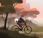 ambiguous_gender anthro bicycle brown_body brown_fur clothed clothing cycling day detailed_background feet fingers fully_clothed fur grass outside plant sky smile solo toes tree vehicle white_body white_fur foufi canid canine canis domestic_dog mammal 2022 digital_media_(artwork)