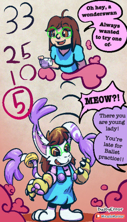 age_regression aged_down clothing dress eyewear female glasses reality_shift shinking text transformation wonder_swan young dustyerror bandai_namco digimon bianca_(dustyerror) digimon_(species) domestic_cat felid feline felis gatomon human mammal 4:7 absurd_res english_text hi_res trans_(lore) trans_woman_(lore)