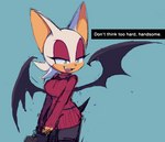 anthro clothing dialogue eyeshadow female fur makeup narrowed_eyes open_mouth open_smile simple_background smile solo text text_box white_body white_fur wings zzavok sega sonic_the_hedgehog_(series) rouge_the_bat bat mammal english_text