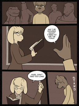 anthro black_border book border chalk classroom dialogue eyewear glasses group holding_book holding_object horn inside school speech_bubble text freckles_(artist) undertale undertale_(series) toriel boss_monster_(undertale) bovid canid canine canis caprine domestic_dog mammal reptile scalie 2016 3:4 brown_theme comic digital_media_(artwork) english_text monochrome