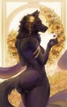 anthro art_nouveau big_butt black_body black_fur breasts butt claws fangs female flower fluffy fluffy_tail fur genitals heart_symbol jewelry multi_nipple nipples nude plant pussy side_boob smile solo standing tail teeth yellow_eyes pea2 mythology canid canine canis mammal mythological_canine mythological_creature were werecanid werecanine werewolf wolf hi_res