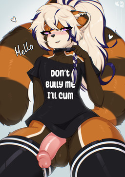 anthro balls biped blush bodily_fluids bottomwear braided_hair breasts clothed clothing collar dripping ear_piercing ear_ring erection femboy fluffy fluffy_tail fur genital_fluids genitals hair humanoid_genitalia humanoid_penis legwear long_hair male multicolored_body multicolored_fur narrowed_eyes nude open_mouth penis piercing ponytail precum precum_drip precum_string purple_eyes ring_piercing shirt simple_background small_waist solo stockings t-shirt t-shirt_design tail text text_on_clothing text_on_shirt text_on_topwear thick_thighs thigh_highs topwear wide_hips alna_fratcher don't_bully_me_i'll_cum lokkun ailurid mammal red_panda absurd_res digital_media_(artwork) hi_res