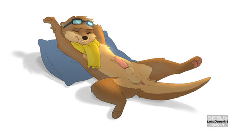 animal_genitalia animal_penis anthro anus balls biped brown_body brown_fur butt erection eyewear eyewear_on_head fur genitals goggles goggles_on_head legs_up lying male male_anthro morning_wood mustelid_penis nude on_back paws penis presenting presenting_hindquarters scarf sheath simple_background smile solo solo_focus stretching_arms stretching_legs tail tail_anus tailbutt tapering_penis teeth whiskers white_background letodoesart lee_(tamerlee) mammal mustelid otter hi_res