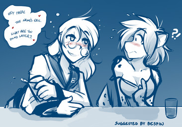 alcohol anthro bare_shoulders beverage blue_background blush breasts cleavage clothed clothing dialogue drunk eyewear female flirting fur glass glasses gradient_background hair half-closed_eyes heart_symbol humor interrobang long_hair male markings narrowed_eyes off_shoulder simple_background smile spots spotted_body spotted_fur substance_intoxication surprised text conditional_dnp tom_fischbach twokinds eric_vaughan kathrin_vaughan canid canine felid human hybrid keidran mammal 2018 adobe_photoshop_(artwork) digital_media_(artwork) english_text monochrome sketch