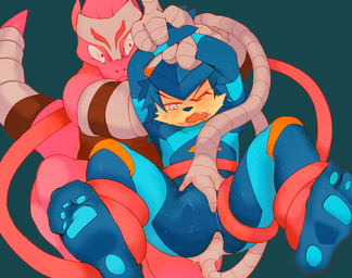 3_fingers 4_toes anal anal_masturbation anthro armor arms_above_head blue_bodysuit blue_clothing blue_hair blue_latex blue_pawpads blue_skinsuit blue_spandex blush blush_lines bodily_fluids bodysuit bound brown_clothing brown_shirt brown_topwear brown_tunic bulge clothing crouching drooling duo eyebrows eyewear eyewear_on_head feet fingering fingering_partner fingering_through_clothing fingers footprint forced fur furgonomics goggles goggles_on_head grey_background hair hand_on_bulge hand_on_butt headgear latex latex_bodysuit latex_clothing latex_skinsuit lifted_up looking_down male male/male markings masturbation mechanical_arms one_eye_closed open_mouth orange_bodysuit orange_clothing orange_skinsuit pawpads pawprint pawprint_(marking) red_body red_ears red_scales red_tongue rubbing_penis saliva scales sex shirt simple_background skinsuit smile spandex_suit spread_legs spreading superhero_costume tail_armor teeth_showing tight_clothing toes tongue tongue_around_body tongue_around_leg tongue_out topwear tunic white_eyes wrist_guards yellow_body yellow_fur young young_anthro young_male jinnosound cyan_02 canid canine canis lizard mammal reptile scalie wolf hi_res
